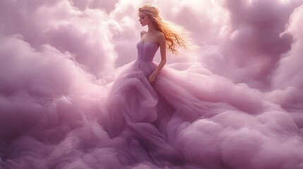 Naklejka premium Woman in lavender gown amidst clouds.