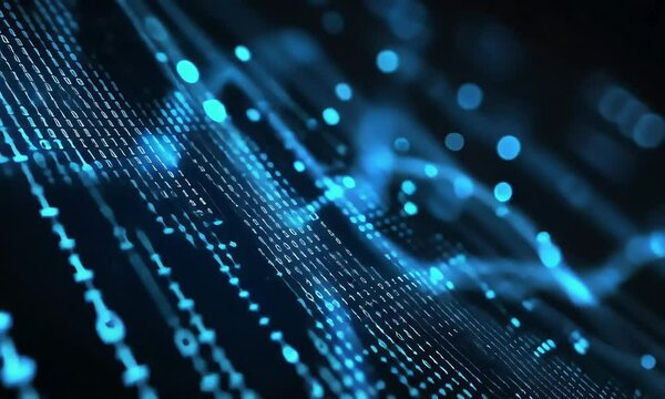 Abstract blue digital data stream background with glowing binary code.