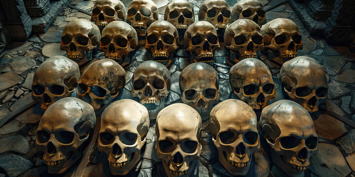 Arrangement of Multiple Human Skulls on Stone Floor