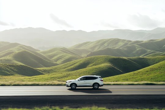 White SUV driving on a highway through rolling green hills.