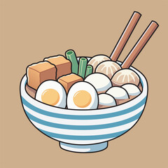 A vibrant illustration of a bowl of Asian noodle soup, filled with various ingredients like egg, meat, and dumplings.