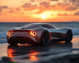 Sleek sports car on beach at sunset.