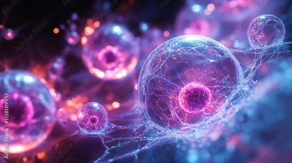 Poster Abstract representation of cells with vibrant colors and intricate structures.