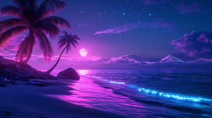 Vibrant neon ocean scene with glowing pink and blue waves, illuminated palm trees on the shore, futuristic nightscape, vaporwave vibes