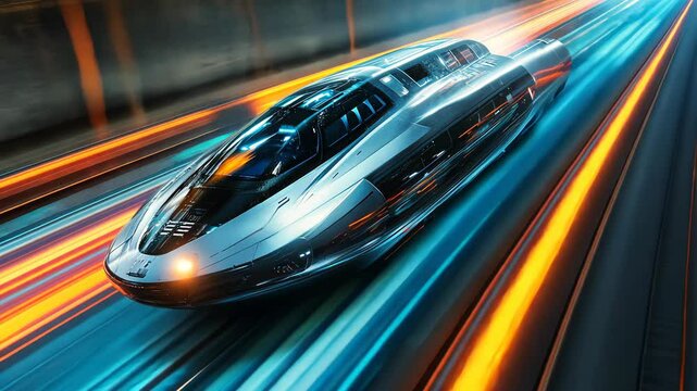 Futuristic hovercraft speeding through a high-tech tunnel at night, showcasing advanced design and vibrant neon lights