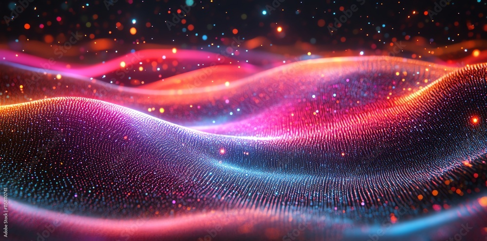 Aufkleber Abstract digital waves with vibrant colors and glowing particles.