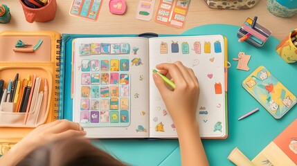 Person adding motivational stickers to a planner to encourage self-discipline and growth