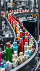 Fototapeta premium Conveyor belt filled with colorful bottles of cosmetics in a production line, showcasing industrial manufacturing of beauty products in various shades and hues, origami, with white tones