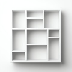 A minimalist white shelf with various compartments, ideal for displaying decor or storing items in a stylish and organized manner.