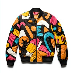 Fototapeta premium A colorful, patterned bomber jacket featuring bold shapes and vibrant colors, perfect for making a statement in casual fashion.