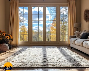 Sunny living room with large windows and beige rug.