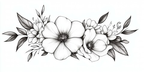 A black and white drawing of a flower bouquet