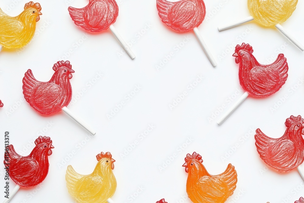Aufkleber Vibrant rooster shaped lollipops with colorful designs and space for text placement. Generative AI