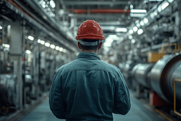 Worker in safety gear walks through an industrial facility with machinery and equipment