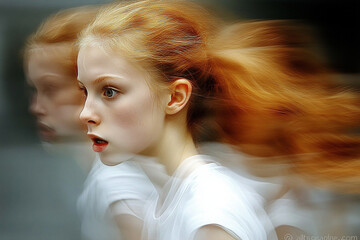 Fototapeta premium Young girl running with flowing hair in a dynamic motion blur effect during daytime
