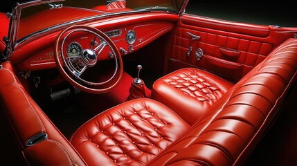 Red classic car interior, leather seats, steering wheel, dashboard.
