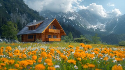 Fototapeta premium Cozy Wooden House Surrounded by Vibrant Yellow Flowers and Mountains