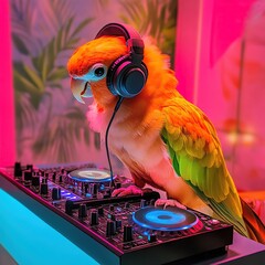 A parrot DJing with headphones.