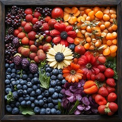 Vibrant fruit and flower arrangement in a wooden box.
