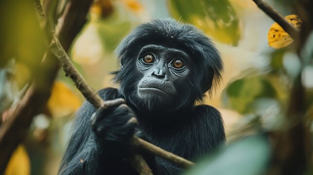 A close up shot of a black monkey looking directly at the camera, perched on a branch with a leafy green backdrop