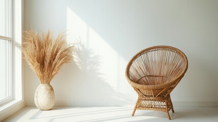 Bohemian rattan chair with pampas grass. Perfect for interior design, home decor, and minimalist lifestyle blogs.