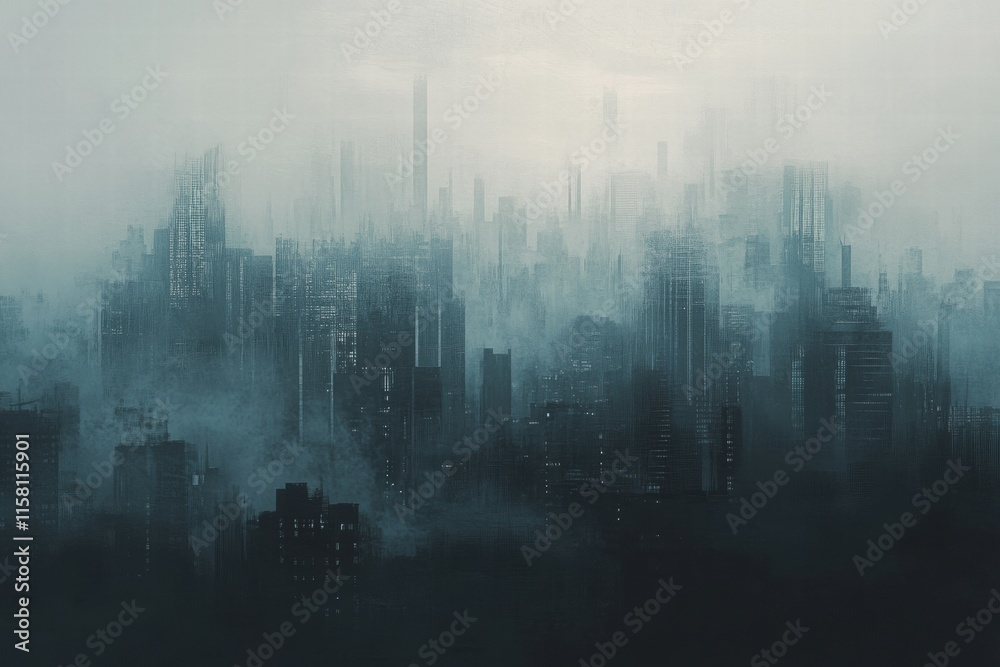Poster Dense smog envelops a sprawling city skyline, obscuring buildings and creating a surreal atmosphere during the early morning hours. Generative AI