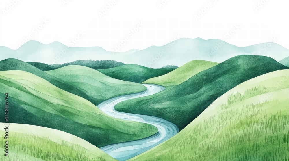 Poster Naive art style landscape background with rolling hills and a serene river flowing through a lush green valley for mock up use. Generative AI
