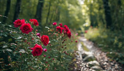Obraz premium wild roses by a forest path