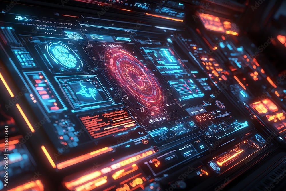 Aufkleber Futuristic control panel displaying data and visualizations with glowing elements.