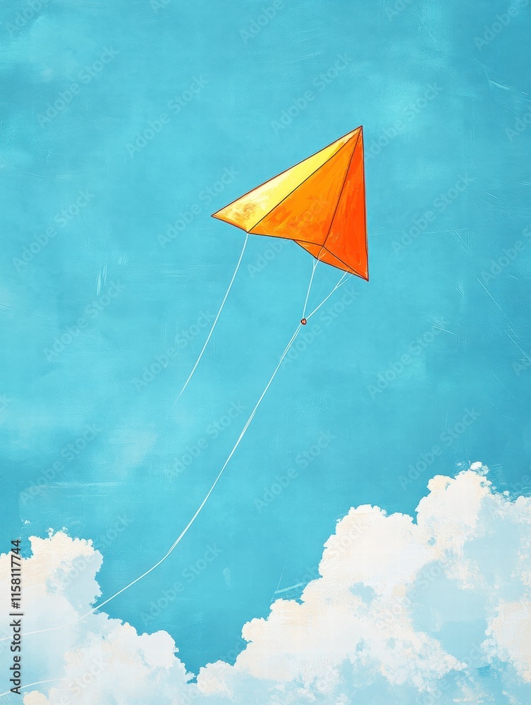 Poster Colorful kite soaring high in a clear blue sky with fluffy clouds and ample space for text or design elements. Generative AI