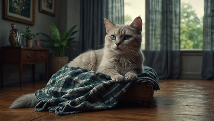 Peaceful Domestic Cat Resting on a Blanket in a Comfortable and Cozy Home Interior Setting Pet Photo