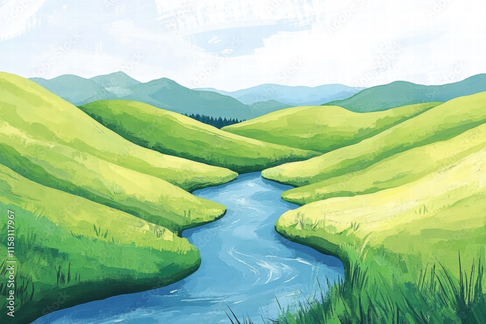 Poster natural landscape with rolling green hills and winding river under clear sky, ideal for creative pro