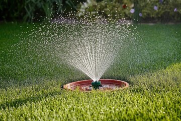 Automatic garden lawn sprinkler in action watering green grass