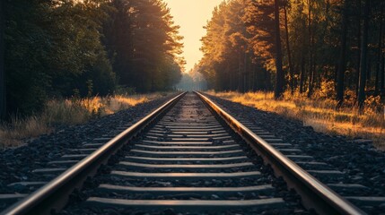 Fototapeta premium Train tracks leading into a forest with sunset in the background