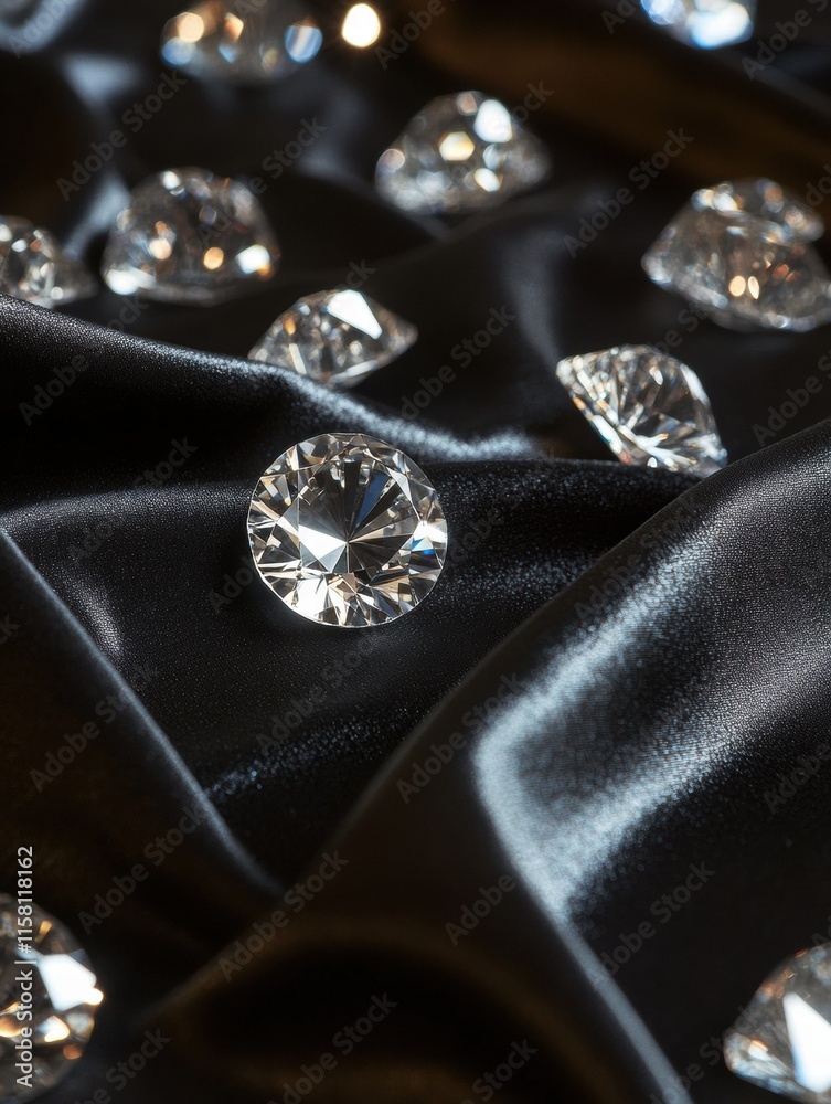 Fototapete Elegant display of large sparkling diamonds on luxurious black fabric with ample copy space for text and branding elements. Generative AI