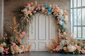 Maternity backdrop- wedding backdrop- photography background with delicate flowers arch and vintage wall.