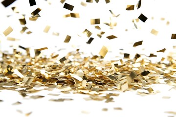 A scattering of gold confetti against a white background, symbolizing celebration and joy.