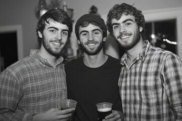 Three friends enjoying drinks together at a casual gathering in a cozy indoor space