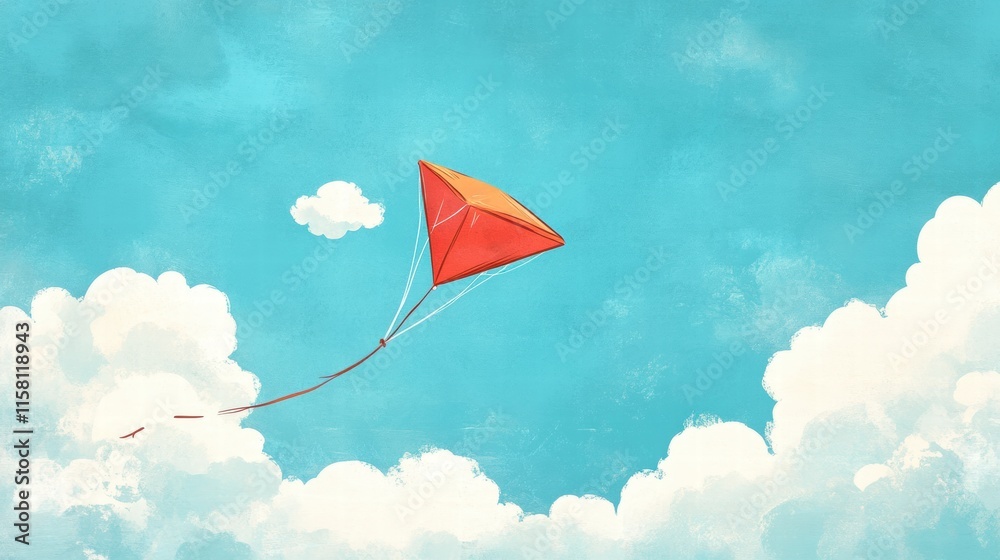 Poster colorful kite flying in a bright blue sky surrounded by fluffy clouds with space for additional text
