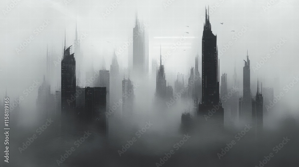 Poster dense smog covers sprawling city skyline, obscuring buildings and creating a mysterious atmosphere d