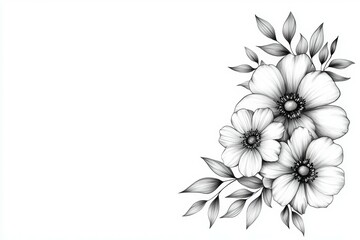 A black and white drawing of a flower with a white background