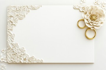 Blank wedding invitation card with gold rings and flower.