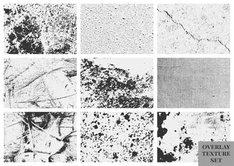 Grunge overlay texture set with distressed effects, old damage, and scratches. A collection of high-quality grainy textures perfect for vintage and worn looks.