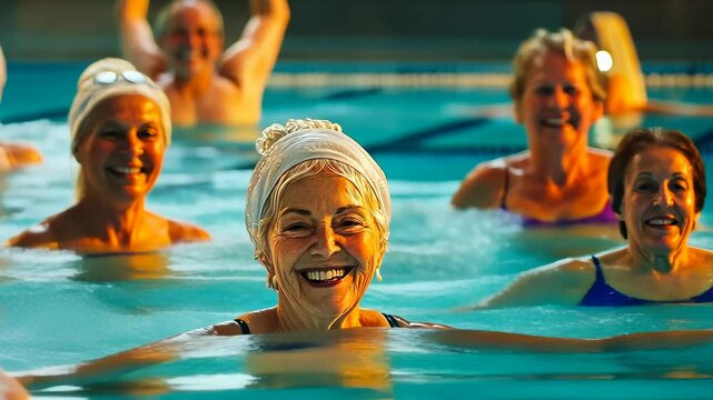 A lively group of older women, mostly Caucasian, enjoys an aquatic fitness class in warm water. Their smiles and energy reflect a vibrant community spirit in the early evening, promoting health and