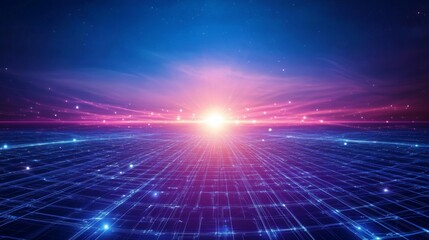 Obraz premium Vibrant neon horizon with glowing sun, futuristic wireframe grid landscape in blue and purple, retro 80s vaporwave aesthetics