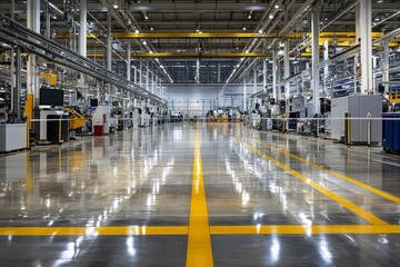 Modern factory interior with polished floor, machinery, and overhead cranes.