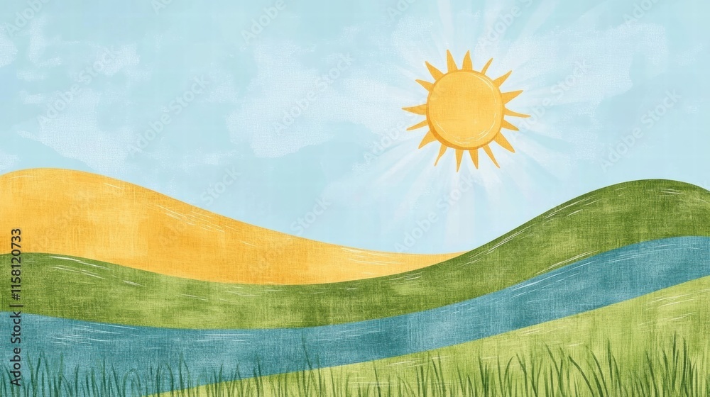 Poster sunny naive art landscape with hills and river ideal for mock up template and creative projects. gen