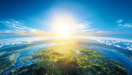 Sunrise Over Lush Green Landscape, Illuminating Coastline and Mountains Brilliantly, Aerial View