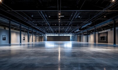 Vast, empty industrial-chic event space with polished concrete floor and high ceilings, ideal for exhibitions or conferences.
