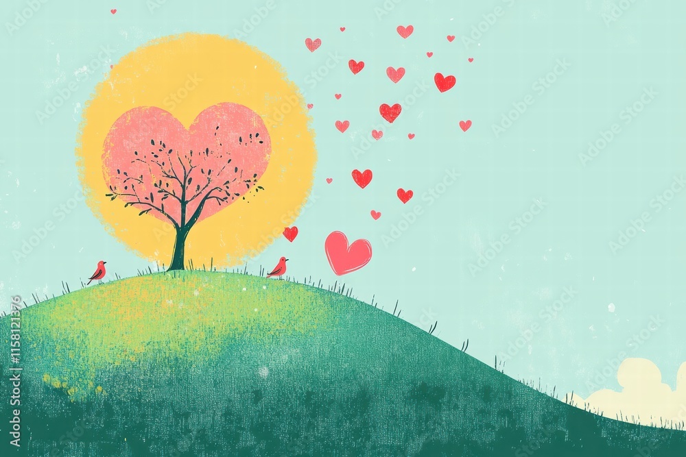 Poster whimsical valentines day design featuring a heart tree and love birds with ample space for text. gen